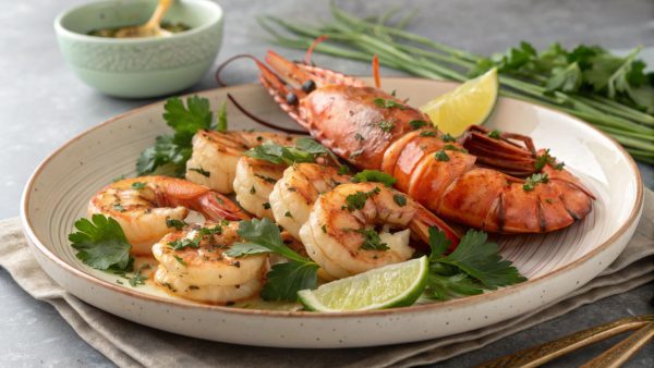 Grilled shrimp and seafood on a white dish, garnished with parsley and cilantro, with lime wedges nearby.